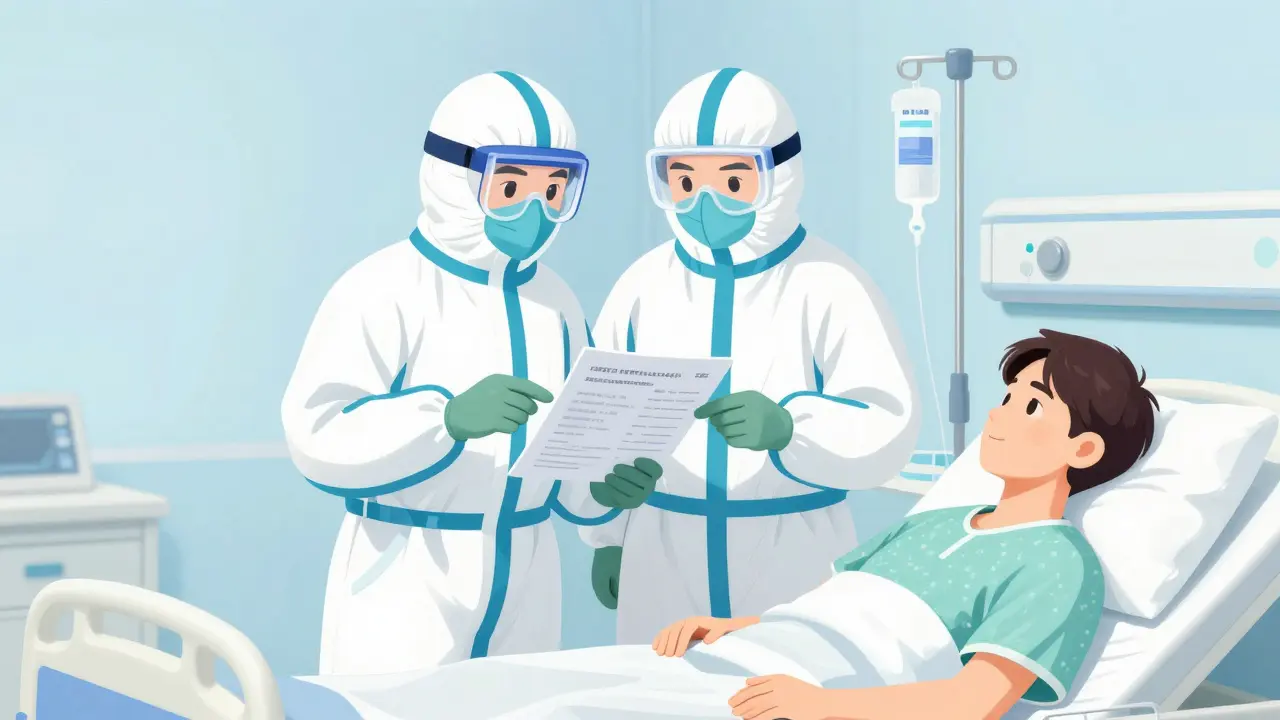 Two clinicians performing a mandatory bedside verification check for a patient.